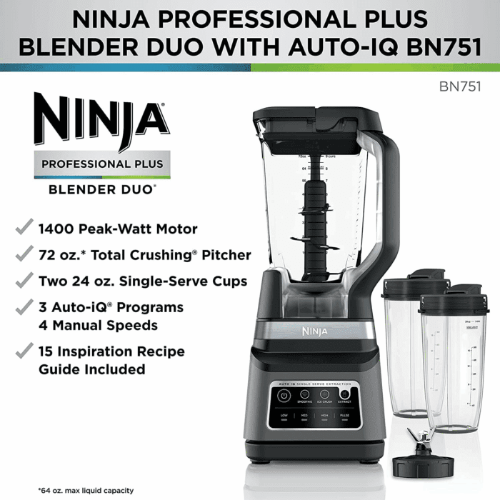 BN751 Professional plus DUO Blender, 1400 Peak Watts, 3 Auto-Iq Programs for Smoothies, Frozen Drinks & Nutrient Extractions, 72-Oz. Total Crushing Pitcher & (2) 24 Oz. To-Go Cups, Black - Image 3