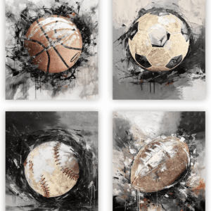 Sports Themed Wall Art, Retro Watercolor Graffiti Football, Baseball, Soccer, Basketball Canvas Prints for Boy'S Room Man Cave Home Decor, Set of 4 - (8 X10 Inches Unframed)
