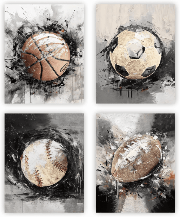 Sports Themed Wall Art, Retro Watercolor Graffiti Football, Baseball, Soccer, Basketball Canvas Prints for Boy'S Room Man Cave Home Decor, Set of 4 - (8 X10 Inches Unframed)
