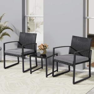 3 Pieces Outdoor Patio Furniture Set, Modern Wicker Bistro Set, Conversation Rattan Chair of 2 with Coffee Table for Yard Porch Poolside Lawn(Grey Cushion)
