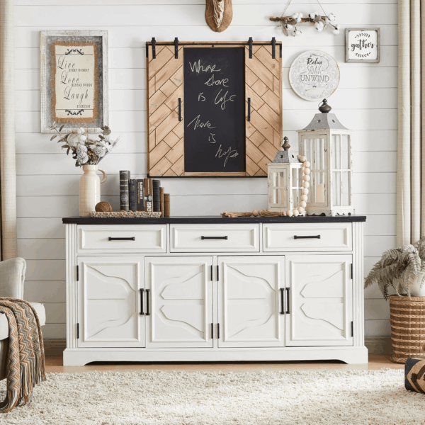 66" Large Buffet Sideboard Cabinet with 4 Doors and 3 Drawers, Buffet Table Coffee Bar Wine Bar Storage Cabinet for Dining Room, Living Room (Off White) - Image 6