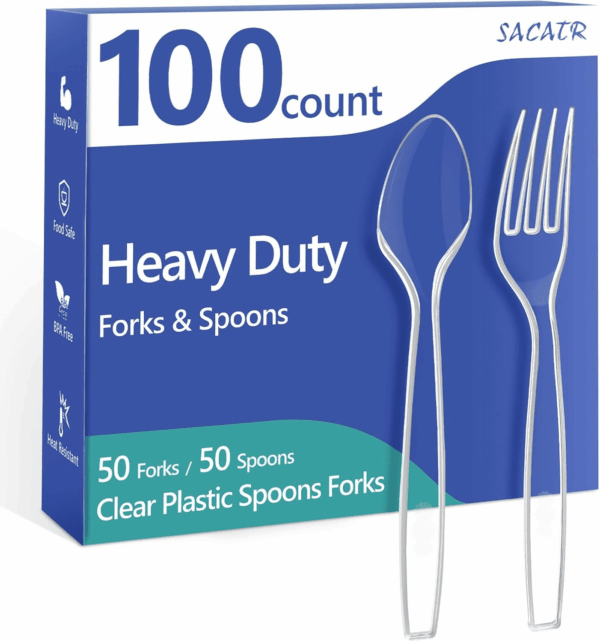 100 Count Plastic Silverware Heavy Duty -50 Forks, 50 Spoons, Bpa-Free, Heat Resistant, Disposable Plastic Utensils Set, Plastic Cutlery Set, Plasticware Suitable for Party Everyday Use