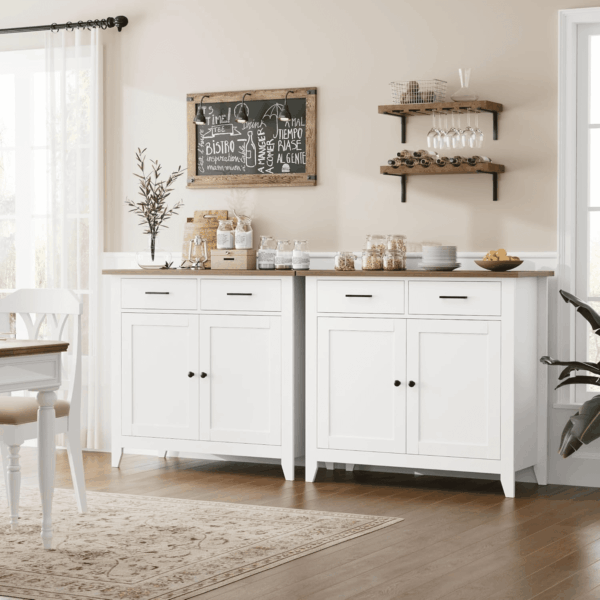 Kitchen Storage Cabinet, Modern Farmhouse Buffet Cabinet with Storage, Coffee Bar with 2 Drawers and 2 Doors, Floor Sideboard Buffet for Living Room, Dining Room, Bathroom, Ivory White - Image 4