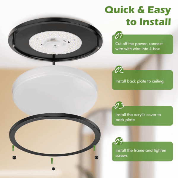 12 Inch Flush Mount Ceiling Lights, 36W 3200LM Black Dimmable Light Fixtures Ceiling Mount, 3000K-5000K Selectable Modern Kitchen Light Fixtures for Stairwell, Balcony, Corridor, Laundry (2-Pack) - Image 7