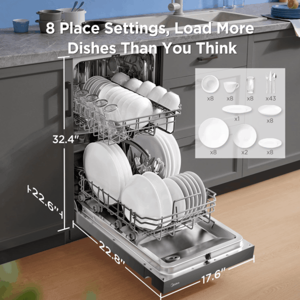 MDF18A1ABB Built-In Dishwasher with 8 Place Settings, 6 Washing Programs, Stainless Steel Tub, Heated Dry, Energy Star, Black - Image 3