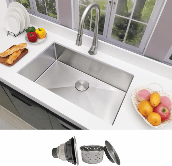 30 Inch Undermount Kitchen Sink -  18 Gauge Stainless Steel Single Bowl Kitchen Sinks 30"X18"X9" Handmade Design with Brushed, Includes Drain Kit (No Additional Accessories) - Image 7