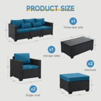 6 Pieces Outdoor Patio Furniture Sets with Furniture Cover, PE Rattan Wicker Patio Conversation Set with Tea Table (Peacock Blue, Rattan Storage Table) - Image 3