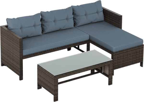 Outdoor Patio Furniture Sets, Wicker Patio Sectional Sets 3-Piece, All Weather Wicker Rattan Patio Seating Sofas with Glass Coffee Table and Cushion (Blue) - Image 8