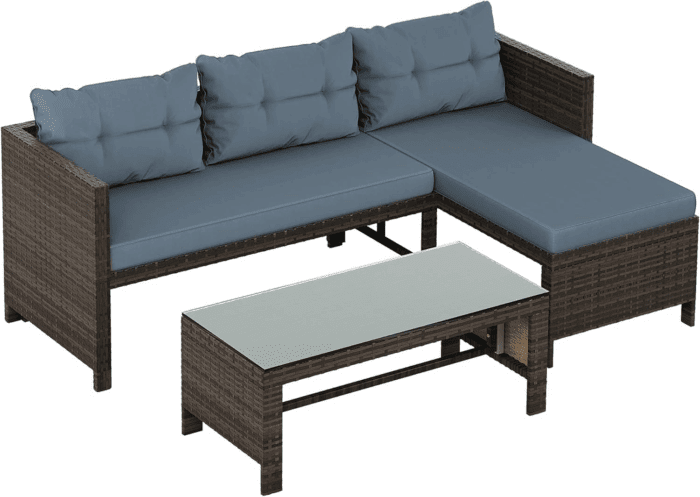 Outdoor Patio Furniture Sets, Wicker Patio Sectional Sets 3-Piece, All Weather Wicker Rattan Patio Seating Sofas with Glass Coffee Table and Cushion (Blue) - Image 8