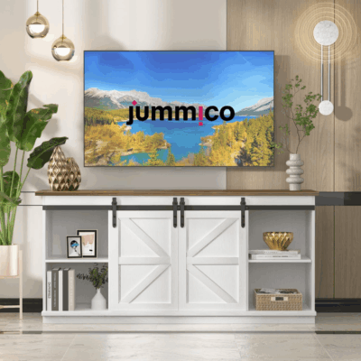 TV Stand for 65 Inch TV, Entertainment Center with Storage Cabinets and Sliding Barn Doors, Mid Century Modern Media TV Console Table for Living Room Bedroom (Bright White) - Image 3