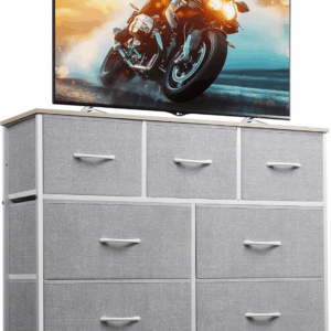 7 Drawer Dresser TV Stand, Entertainment Center, Media Console Table with Metal Frame and Wood Top for TV up to 45 Inch, Chest of Drawers for Bedroom, Living Room, Light Grey