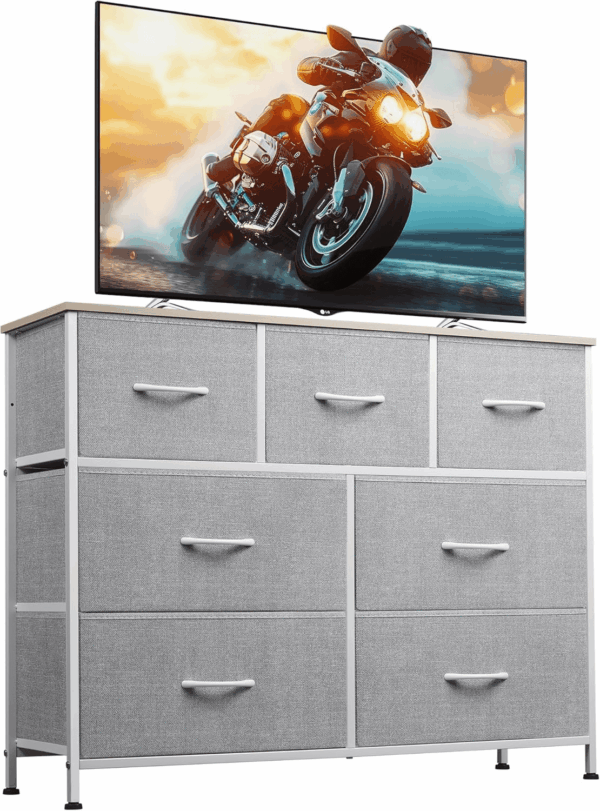 7 Drawer Dresser TV Stand, Entertainment Center, Media Console Table with Metal Frame and Wood Top for TV up to 45 Inch, Chest of Drawers for Bedroom, Living Room, Light Grey