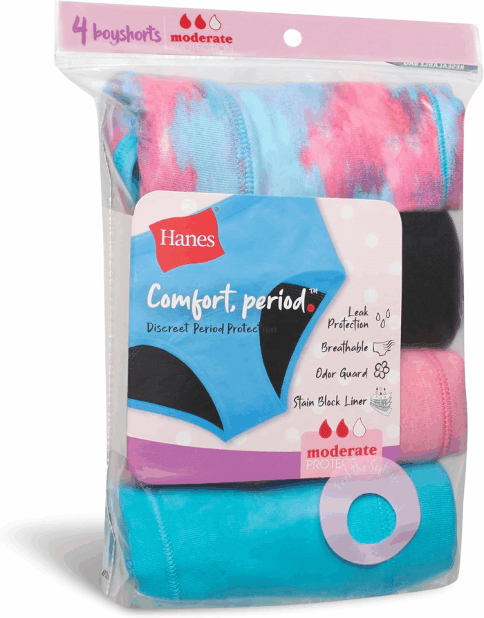 Girls' Comfort, Period. Boys'Hort & Hipster Period Underwear, Moderate Protection, Multi-Pack - Image 4