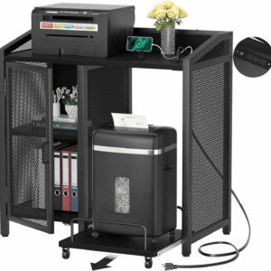 File Cabinet with Paper Shredder Stand on Wheel, Modern Vertical Filing Cabinet with Socket and USB Charging Port, Large Printer Stand with Adjustable Storage Shelf Rack for Home Office, Black