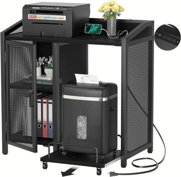 File Cabinet with Paper Shredder Stand on Wheel, Modern Vertical Filing Cabinet with Socket and USB Charging Port, Large Printer Stand with Adjustable Storage Shelf Rack for Home Office, Black