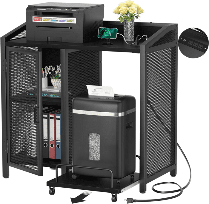 File Cabinet with Paper Shredder Stand on Wheel, Modern Vertical Filing Cabinet with Socket and USB Charging Port, Large Printer Stand with Adjustable Storage Shelf Rack for Home Office, Black