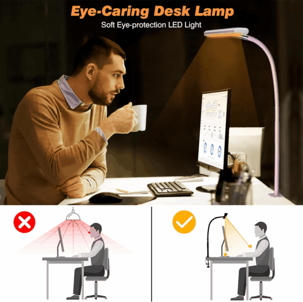 LED Desk Lamp for Office Home, Eye-Caring Desk Light with Stepless Dimming Adjustable Flexible Gooseneck, 10W USB Adapter Desk Lamp with Clamp for Reading, Study, Workbench (Pink) - Image 6