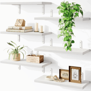 Wood Floating Shelves for Wall Decor, Wall Shelves Set of 6, Wall Mounted Floating Shelf for Bedroom Decor, Bathroom Storage, Farmhouse Shelf for Wall - White