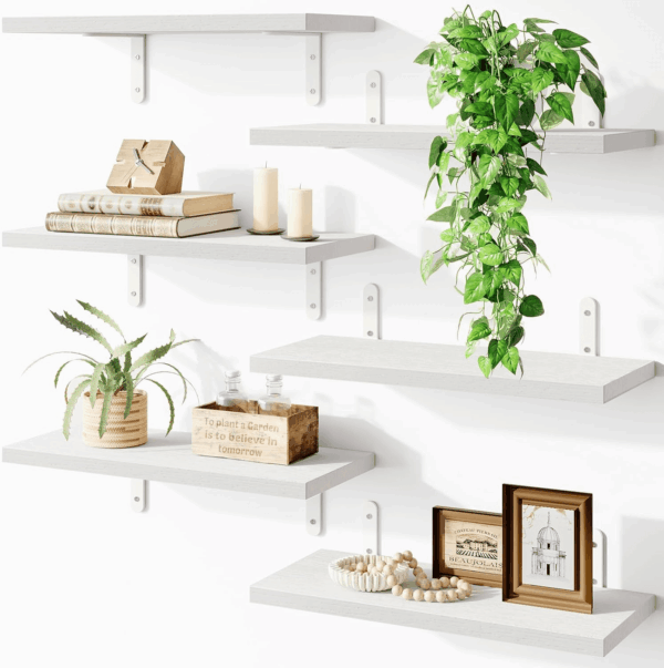 Wood Floating Shelves for Wall Decor, Wall Shelves Set of 6, Wall Mounted Floating Shelf for Bedroom Decor, Bathroom Storage, Farmhouse Shelf for Wall - White