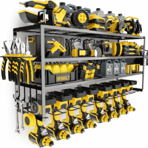 4 Layers Large Power Tool Organizer Wall Mount, Heavy Duty Metal Loads 360Lbs with 8 Cordless Drill Holders, Power Tool Shelf Battery Storage for Garage Storage, Utility Racks for Garage Workshop