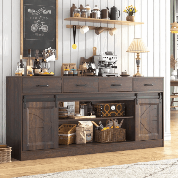 70” Large Sideboard Buffet Cabinet with Storage, Farmhouse Kitchen Buffet Storage Cabinet with 4 Drawers, Coffee Bar Cabinet with Sliding Barn Door, Credenza for Living Room, Dining Room, Brown - Image 2