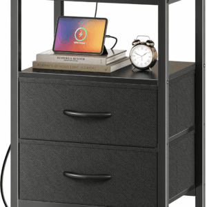 Nightstand with Charging Station, Side Table with Fabric Drawers, End Table with Open Shelf, Bedside Table with USB Ports and Outlets, Night Stand for Bedroom, Black