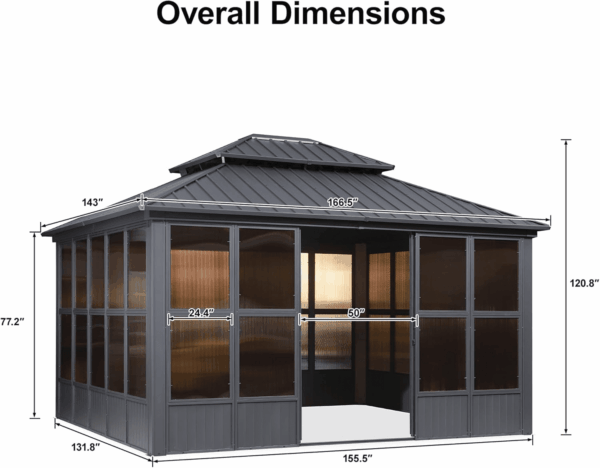 12' X 14' Solarium Sunroom Permanent Hardtop Gazebo Galvanized Steel Double Roof Aluminum Outdoor Screen House for Lawn Deck Backyard Grey - Image 9