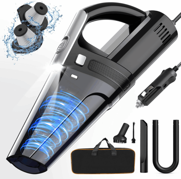Car Vacuum, Portable Car Vacuum Cleaner with 7000PA Suction, DC 12V High Power 16.4Ft Cord Wired Vacuum Cleaner for Cars, LED Light, Lightweight, 0.33L Capacity, Storage Bag
