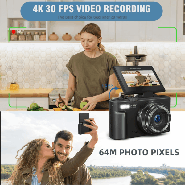 Digital Cameras for Photography, Vlogging Camera for Youtube with Autofocus 3'' 180° Flip Screen Selfie Wifi Camera 18X Digital Zoom Flash Light 2 Batteries & 32GB SD Card - Image 2
