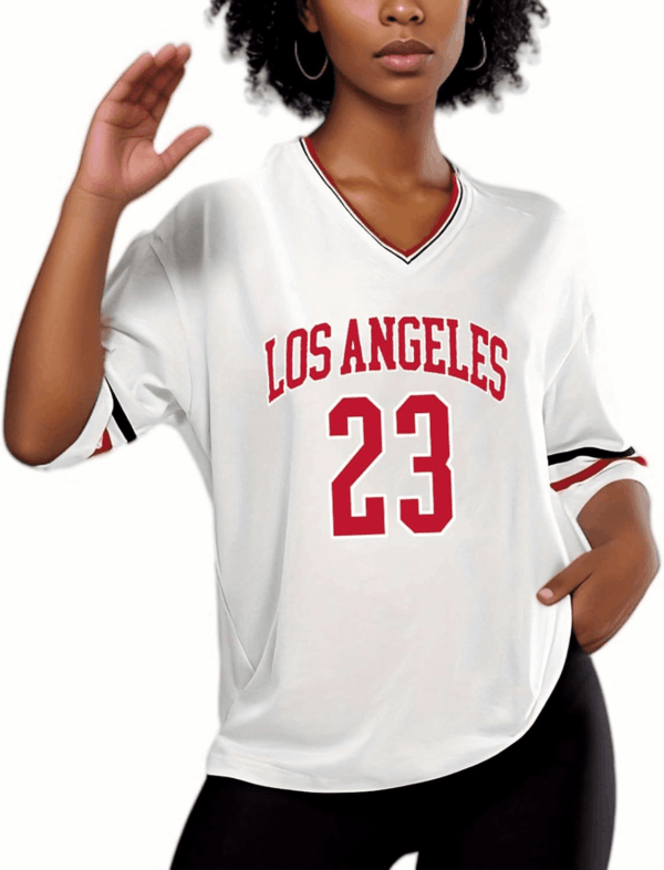 American Jersey for Women Oversized Graphic Stripe Trim V Neck Drop Shoulder Summer Tshirts - Image 4