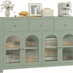 Buffet Cabinet with Storage, 55.1" Large Sideboard Buffet, Farmhouse Kitchen Cabinet with 3 Drawers and 4 Doors, Wood Coffee Bar Table for Kitchen, Green