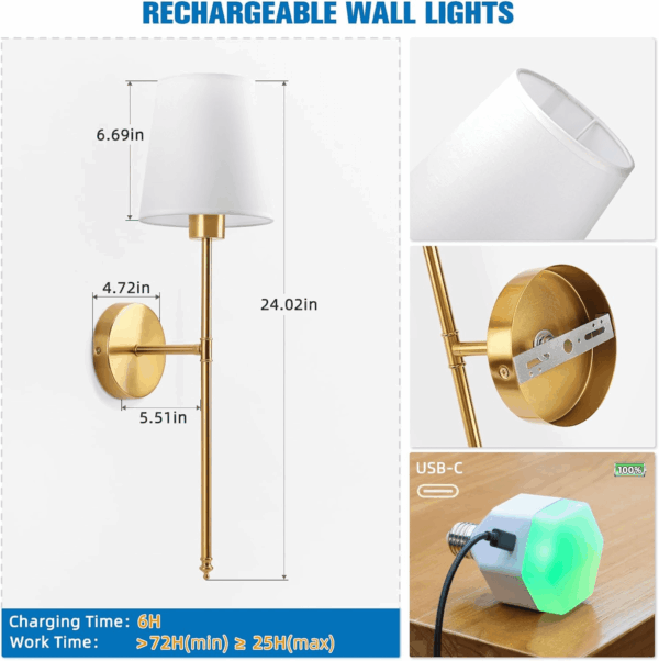 Battery Operated Wall Sconce Set of 2,Gold Rechargeable Wall Lights with 5200Mah Dimmable Bulbs and Remote,10 Colors Wireless Wall Lamps for Bedroom Living Room Hallway Decor - Image 7