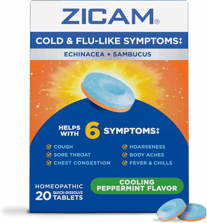 Cold & Flu-Like Symptoms with Echinacea and Sambucus, Homeopathic, Zinc, Cooling Peppermint Flavor, Helps with Cold Symptoms, 20 Tablets