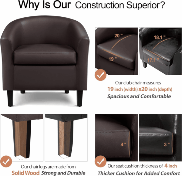 Leather Club Chair, Faux Leather Accent Chair, Modern Living Room Armchair with Wood Legs and Padded Seat for Bedroom Reception Room, Espresso - Image 8