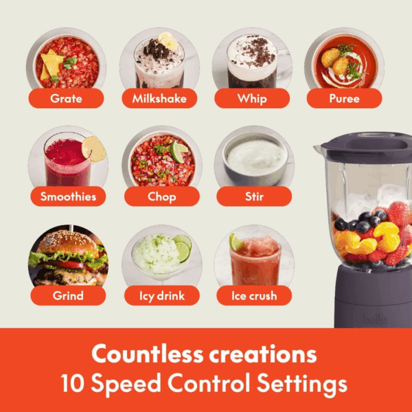 10 Speed Countertop Blender, Juicer & Smoothie Maker, Fits-Anywhere™ Kitchenware, Slim Flip & Store Design, Dishwasher Safe 48Oz Capacity Pitcher & Lid, Stainless Steel Blade, 450 Watt, Plum - Image 5