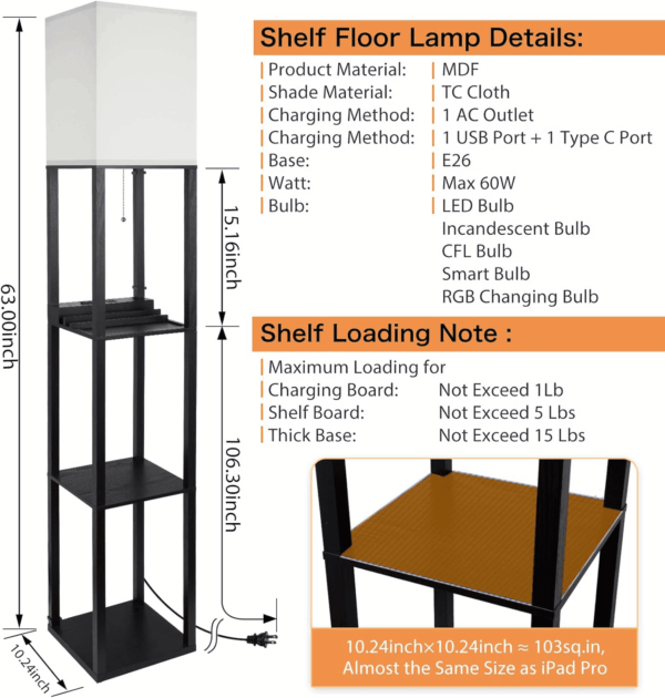 3-In-1 Shelf Floor Lamp with 1 Usb&Type C&1 AC Outlet, 3-Tiered LED Bedroom Lamp, Shelf & Storage Combination Modern Standing Light - Image 3