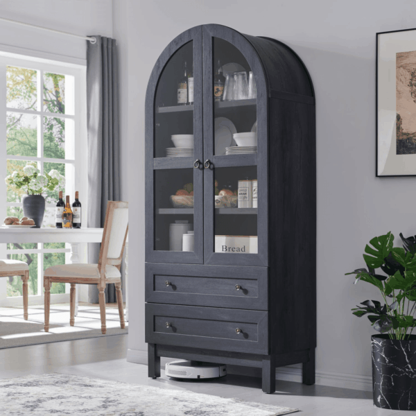 71" Tall Arched Kitchen Pantry Cabinet, Wood Kitchens Storage Cabinets with 2 Large Drawers and Adjustable Shelves, Modern Farmhouse Versatile Cupboard for Kitchen, Dining Room, Bathroom, Grey - Image 3