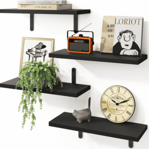 Floating Shelves - 4 Set Farmhouse Wood Wall Mounted Shelves for Bedroom & Bathroom Storage, Book Shelf - Black