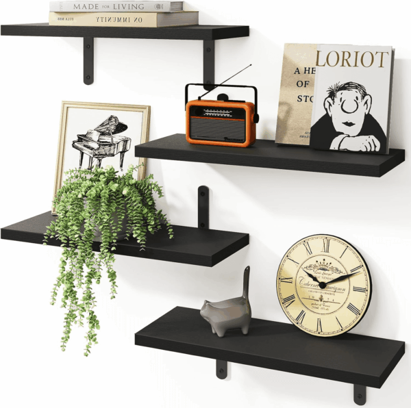 Floating Shelves - 4 Set Farmhouse Wood Wall Mounted Shelves for Bedroom & Bathroom Storage, Book Shelf - Black