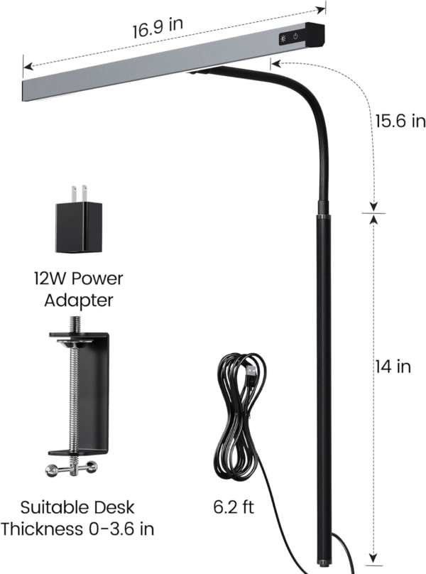 LED Desk Lamp for Office Home, Eye-Caring Desk Light with Adjustable Gooseneck, 12W Touch Control Dimmable Brightness, Architect Clamp Lamp with USB Adapter, Grey - Image 6