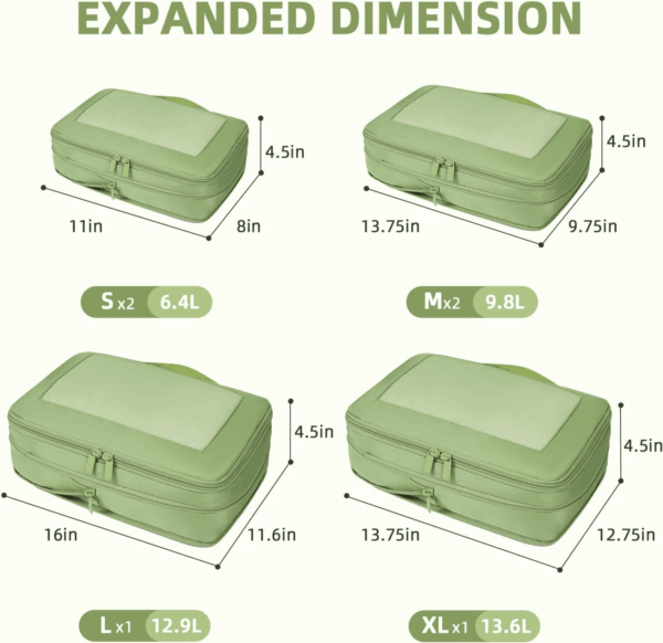 4 Set/6 Set/8 Set Compression Packing Cubes Travel Accessories Expandable Packing Organizers(Matchagreen Squaremesh 6 Set) - Image 2