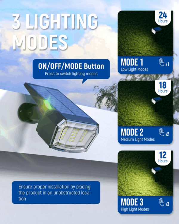 Solar Spotlights Outdoor 63 LED 3 Lighting Modes, IP65 Waterproof Lighten Yard Garden House Garage Pathway for Christmas Decorations-4 Pack - Image 3