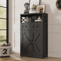 Black Storage Cabinet with Drawers and Shelves, Freestanding Black Kitchen Pantry, Floor Storage Cabinet Hutch Cupboard for Dining, Living Room, Home Office