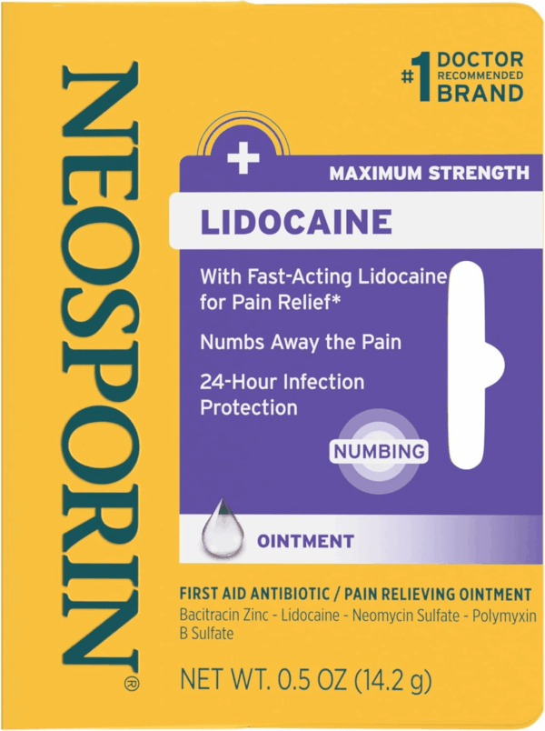 + Lidocaine First Aid Antibiotic Ointment, Maximum Strength & Fast-Acting Topical Pain Reliever, 24-Hour Infection Protection That Numbs Away the Pain, Bacitracin Zinc, 0.5 Oz