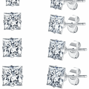 18K White Gold Plated Square Cubic Zirconia Studs Hypoallergenic Mens Earrings, Stainless Steel Stud Earrings Set for Men 6 Pairs