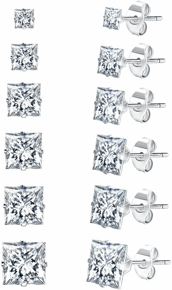 18K White Gold Plated Square Cubic Zirconia Studs Hypoallergenic Mens Earrings, Stainless Steel Stud Earrings Set for Men 6 Pairs