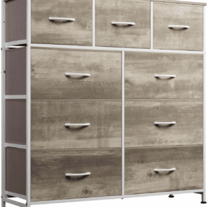 9-Drawer Dresser, Fabric Storage Tower for Bedroom, Hallway, Nursery, Closet, Tall Chest Organizer Unit with Fabric Bins, Steel Frame, Wood Top, Easy Pull Handle, Greige