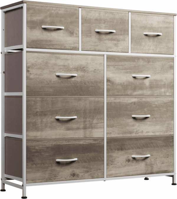 9-Drawer Dresser, Fabric Storage Tower for Bedroom, Hallway, Nursery, Closet, Tall Chest Organizer Unit with Fabric Bins, Steel Frame, Wood Top, Easy Pull Handle, Greige