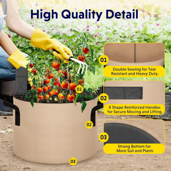 5-Pack 20 Gallon Plant Grow Bags Thickened Nonwoven Aeration Fabric Pots Heavy Duty Durable Container, Strap Handles for Garden, Tan New - Image 3