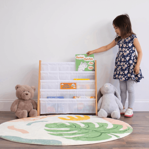 4-Tier Kids Bookshelf, Natural Wood/White - Premium Book Shelf for Kids Rooms with Four Deep Pockets - Toddler Sling Book Rack with Deep Sleeves, Nursery Bookcase Organizer - Image 2